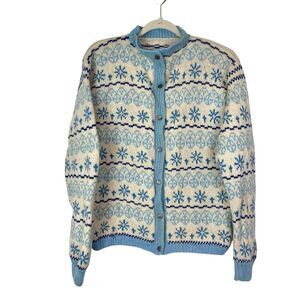 Handmade Wool Cardigan Sweater Womens Cream Blue Fair Isle Knit Scotland Nordic
